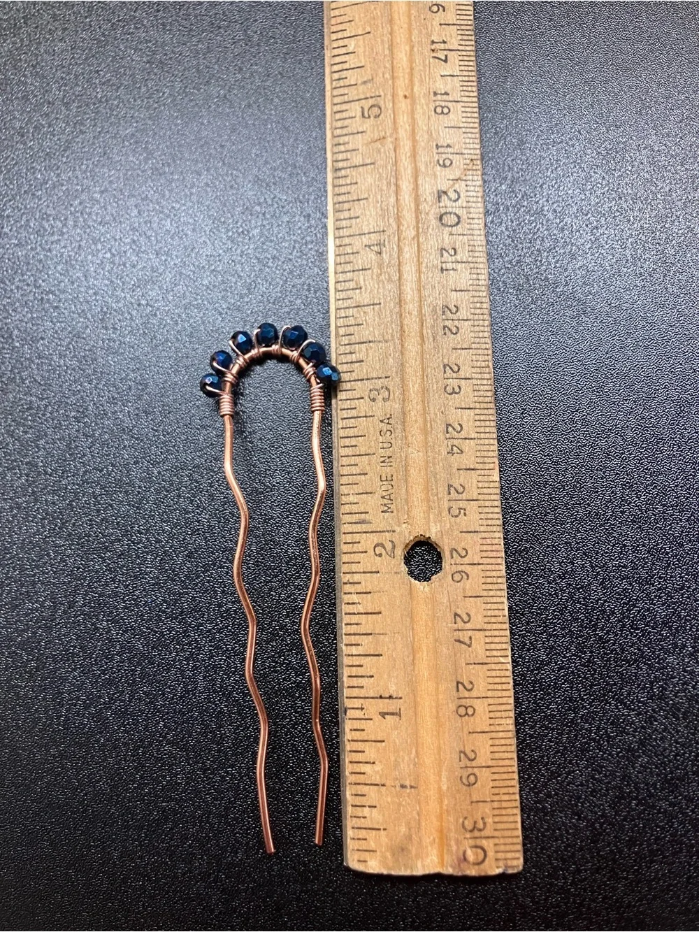 Handmade Copper Hair Pin/Fork with Dark Blue Crystal Beads